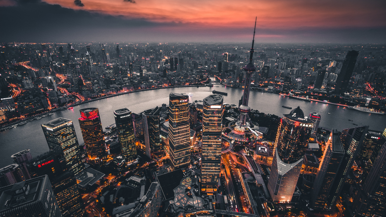 Aerial View of City During Sunset. Wallpaper in 1280x720 Resolution