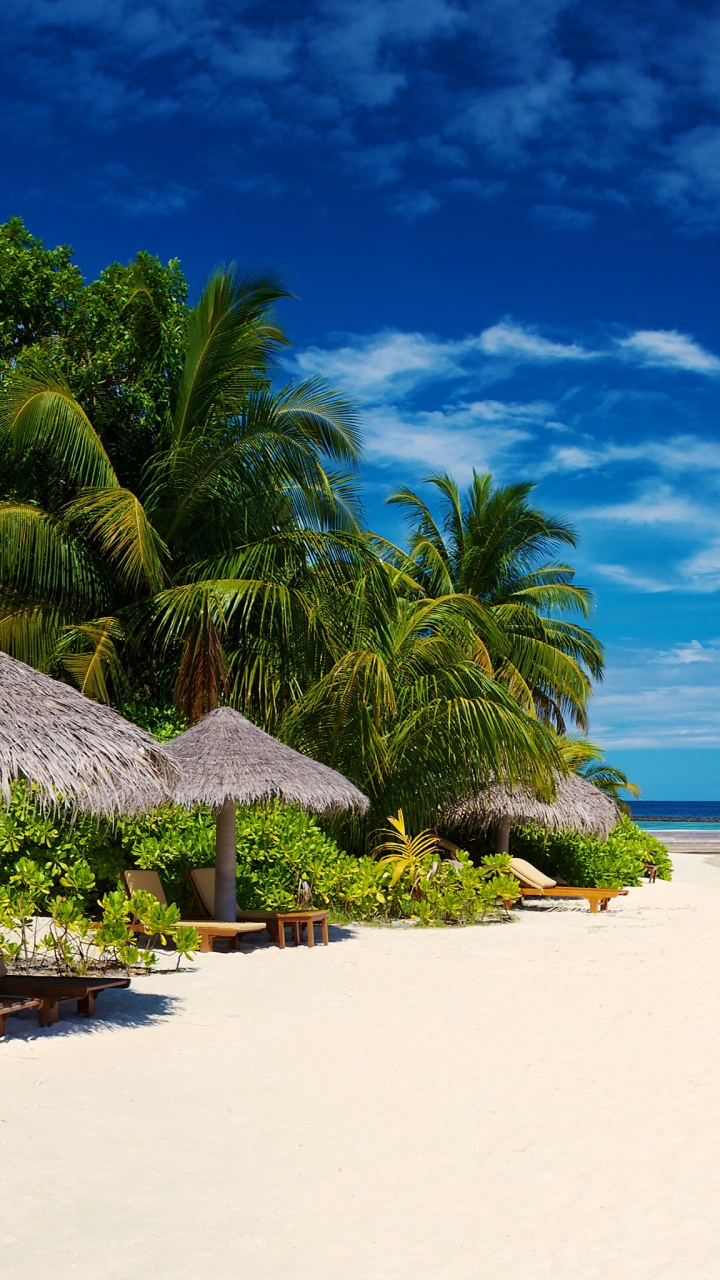 Brown Nipa Hut on White Sand Beach During Daytime. Wallpaper in 720x1280 Resolution