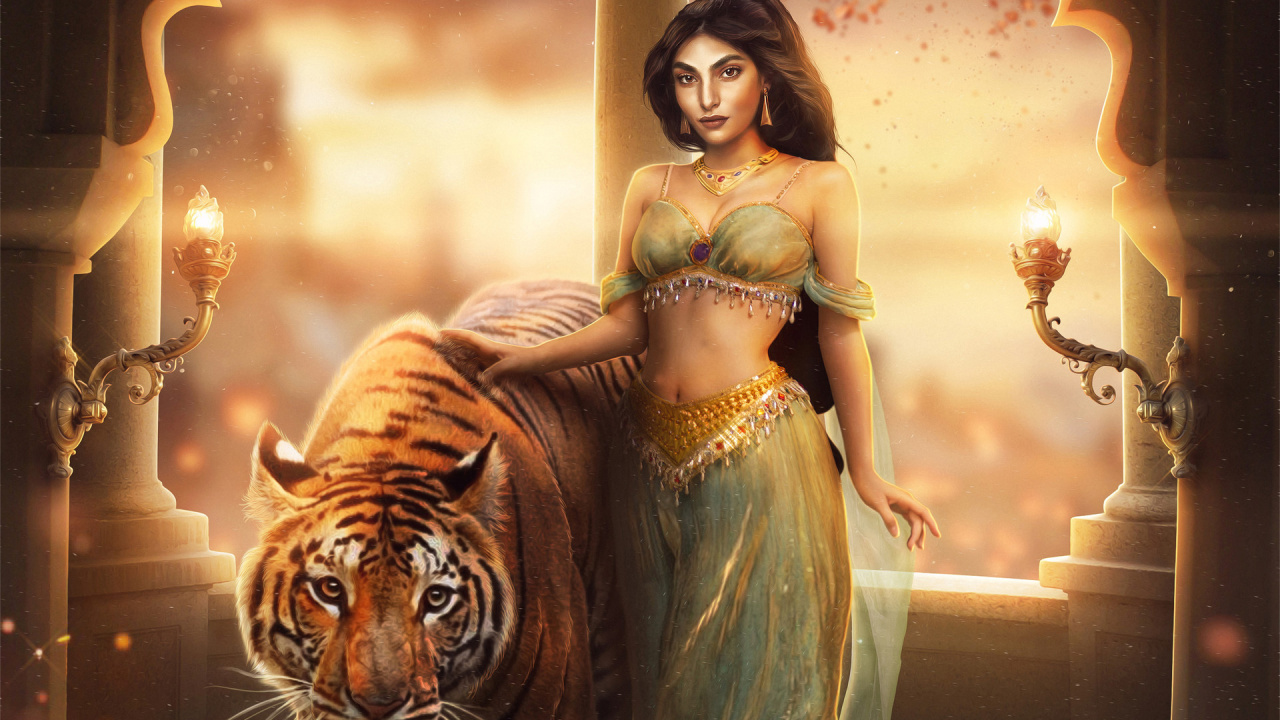 Mujer en Vestido Verde Junto a la Pintura de Tigre. Wallpaper in 1280x720 Resolution