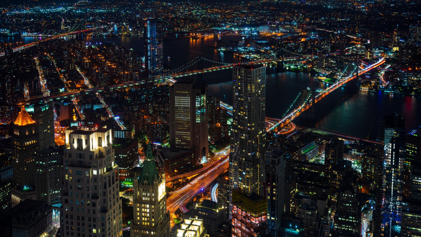 Aerial View of City Buildings During Night Time. Wallpaper in 1366x768 Resolution