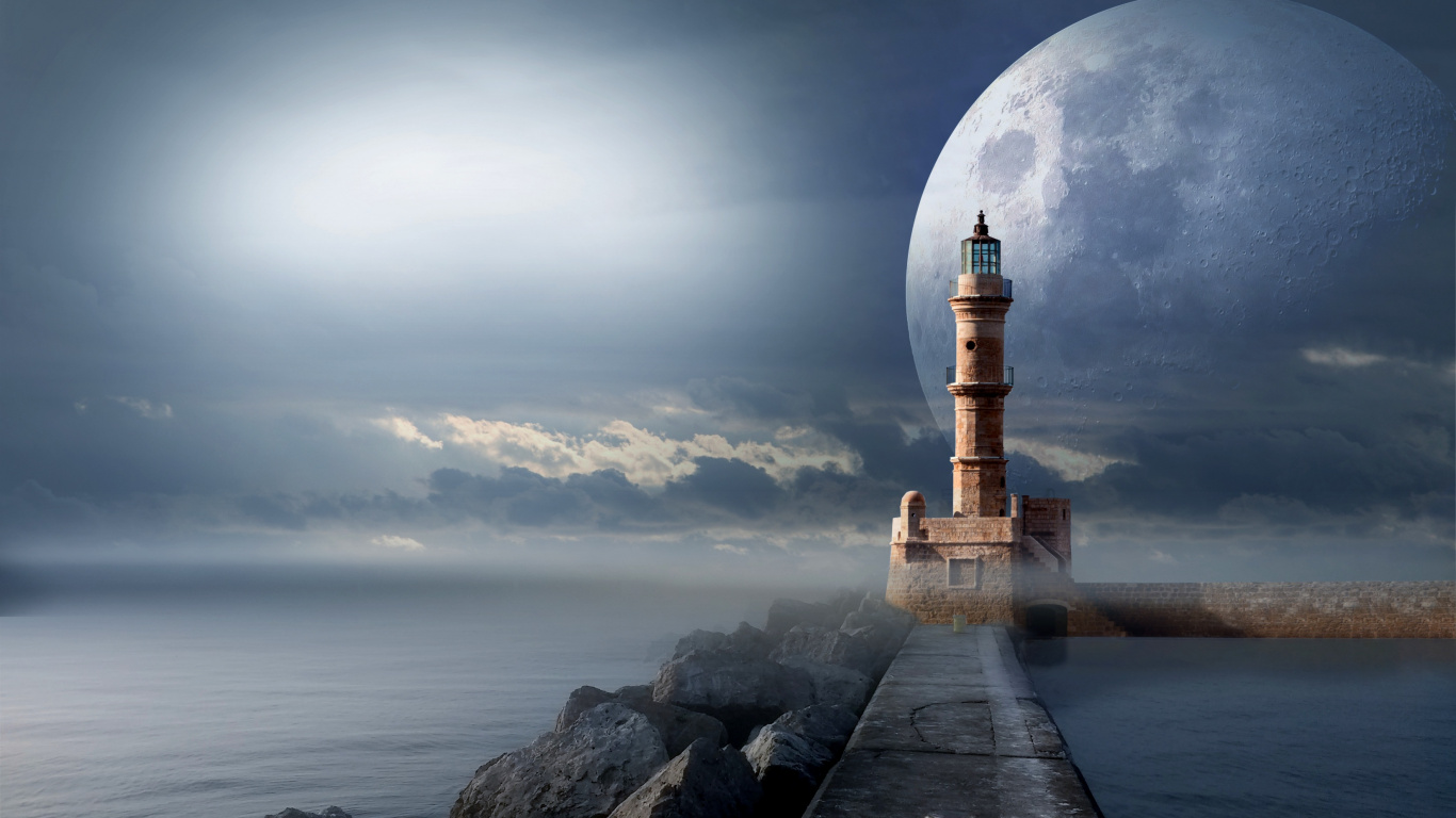 Brown Concrete Lighthouse Near Body of Water During Night Time. Wallpaper in 1366x768 Resolution