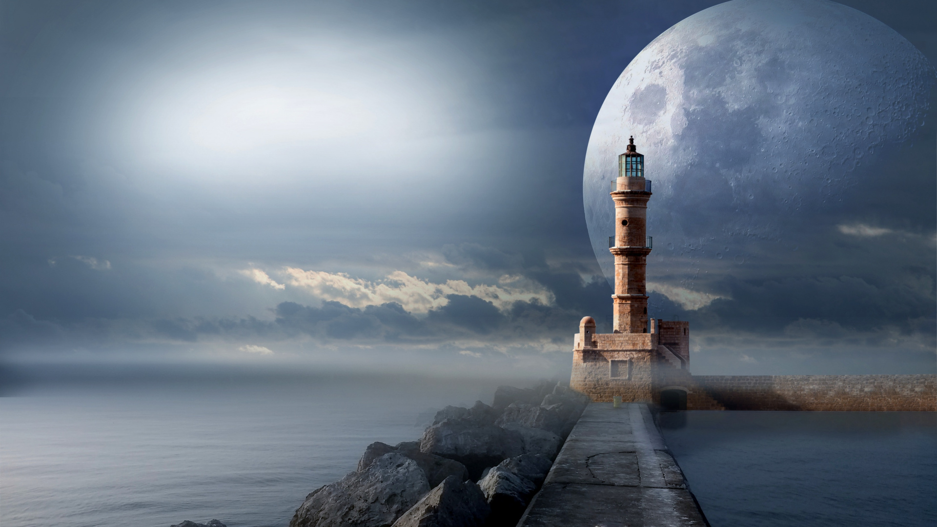 Brown Concrete Lighthouse Near Body of Water During Night Time. Wallpaper in 1920x1080 Resolution