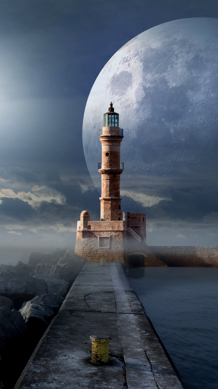 Brown Concrete Lighthouse Near Body of Water During Night Time. Wallpaper in 750x1334 Resolution
