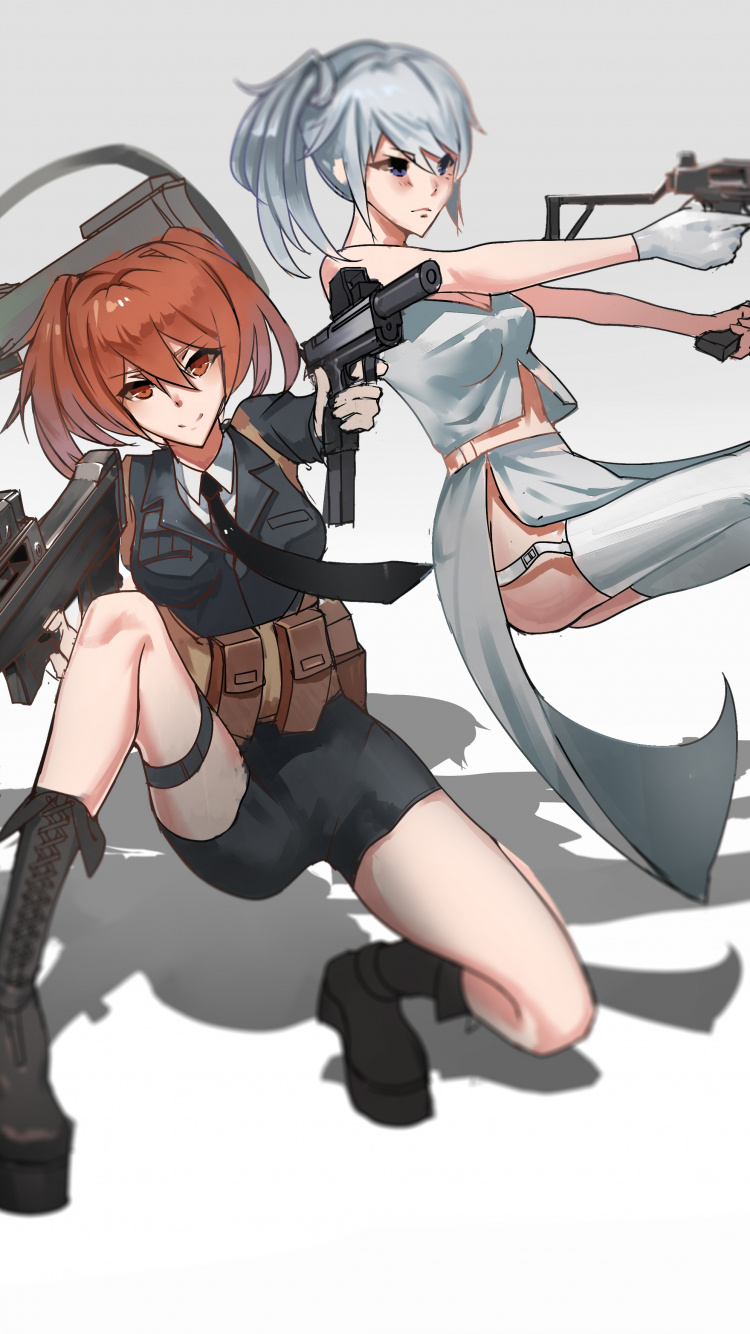 Frau in Schwarz-weißem Kleid Mit Gewehr-Anime-Charakter. Wallpaper in 750x1334 Resolution
