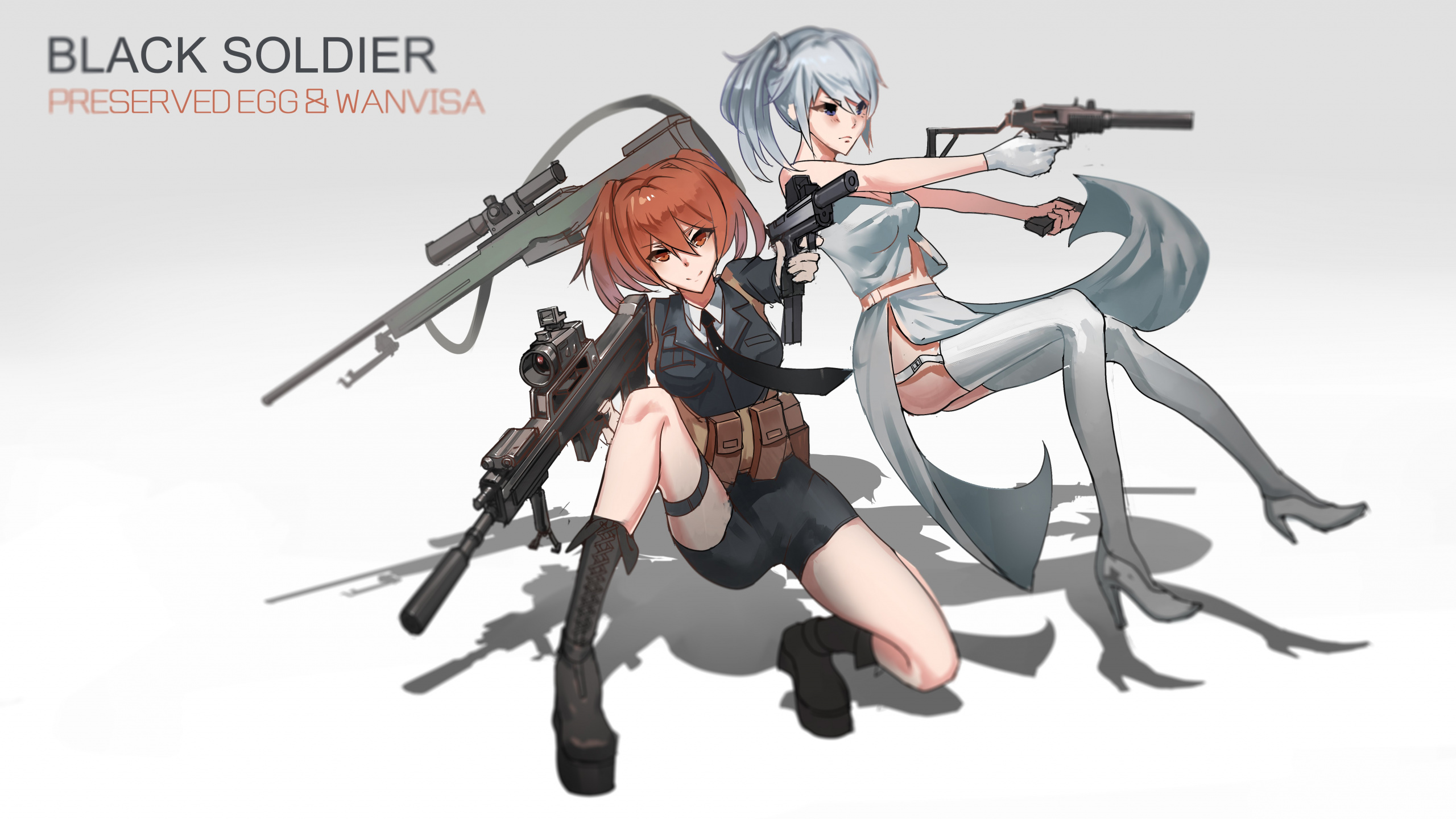 Mujer en Vestido Blanco y Negro Sosteniendo un Personaje de Anime de Rifle. Wallpaper in 2560x1440 Resolution