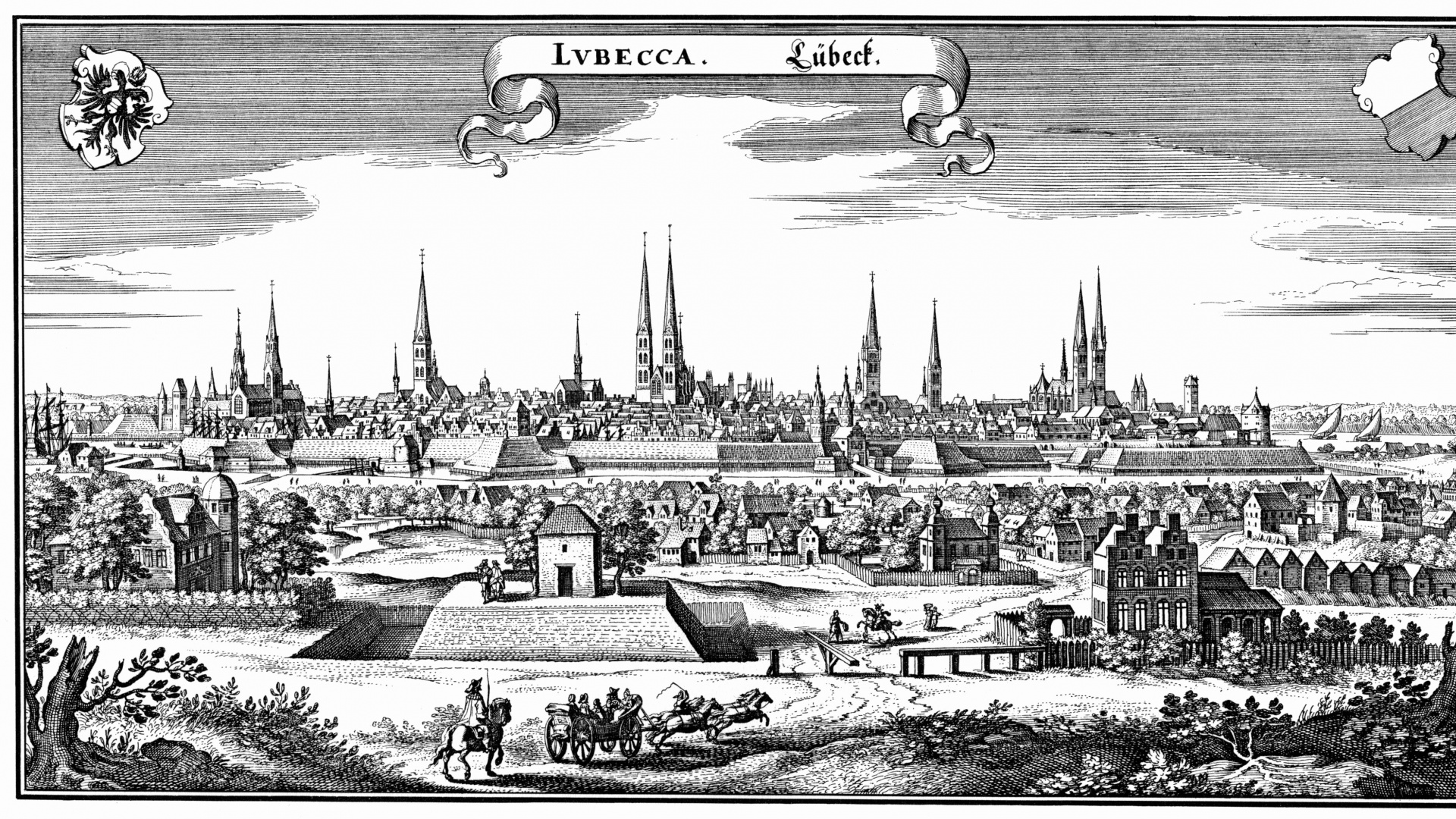 Old Salt Route, Hanseatic League, Coat of Arms of Lbeck, Drawing of Lubeck, Drawing. Wallpaper in 1920x1080 Resolution