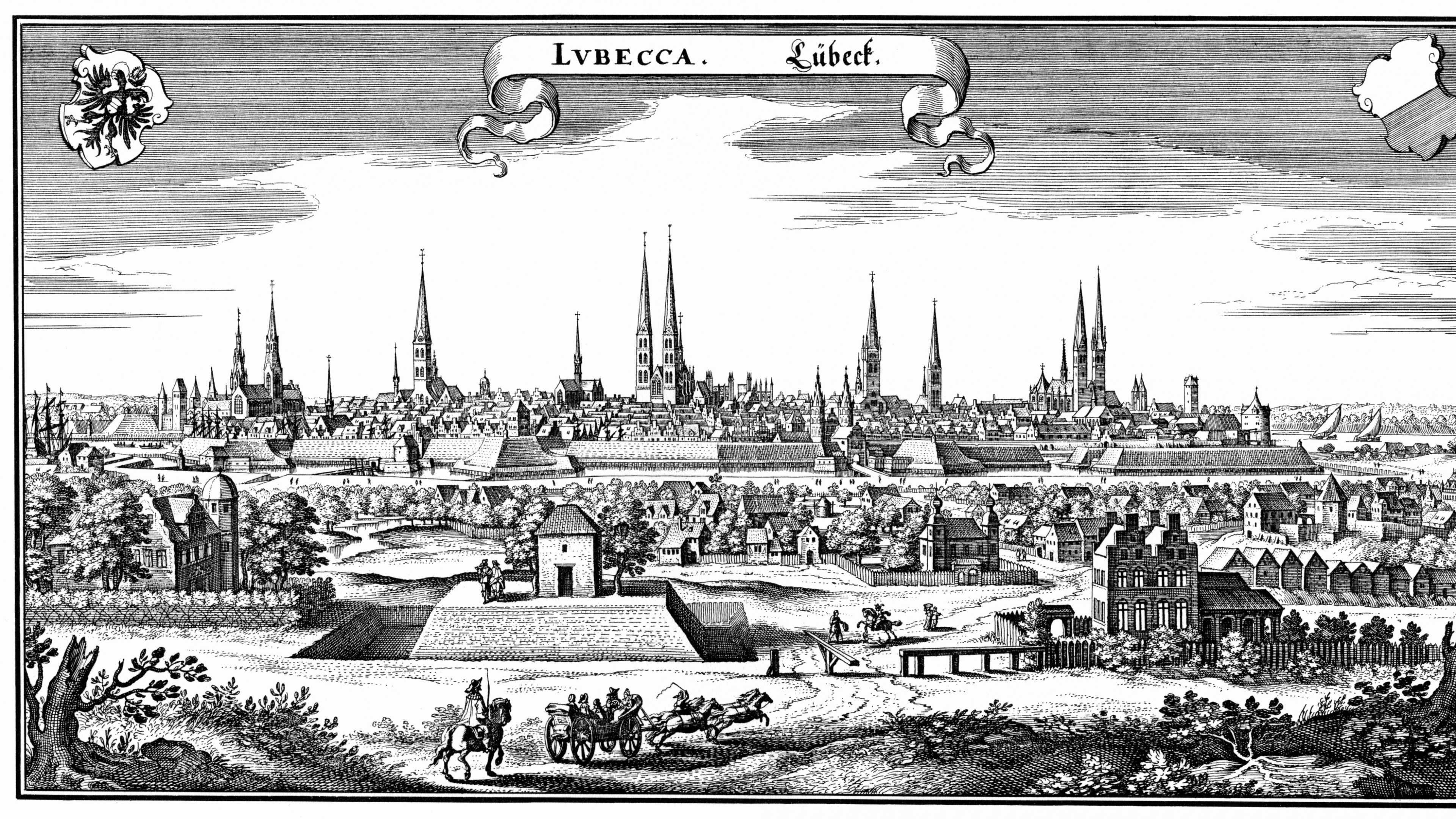 Old Salt Route, Hanseatic League, Coat of Arms of Lbeck, Drawing of Lubeck, Drawing. Wallpaper in 3840x2160 Resolution