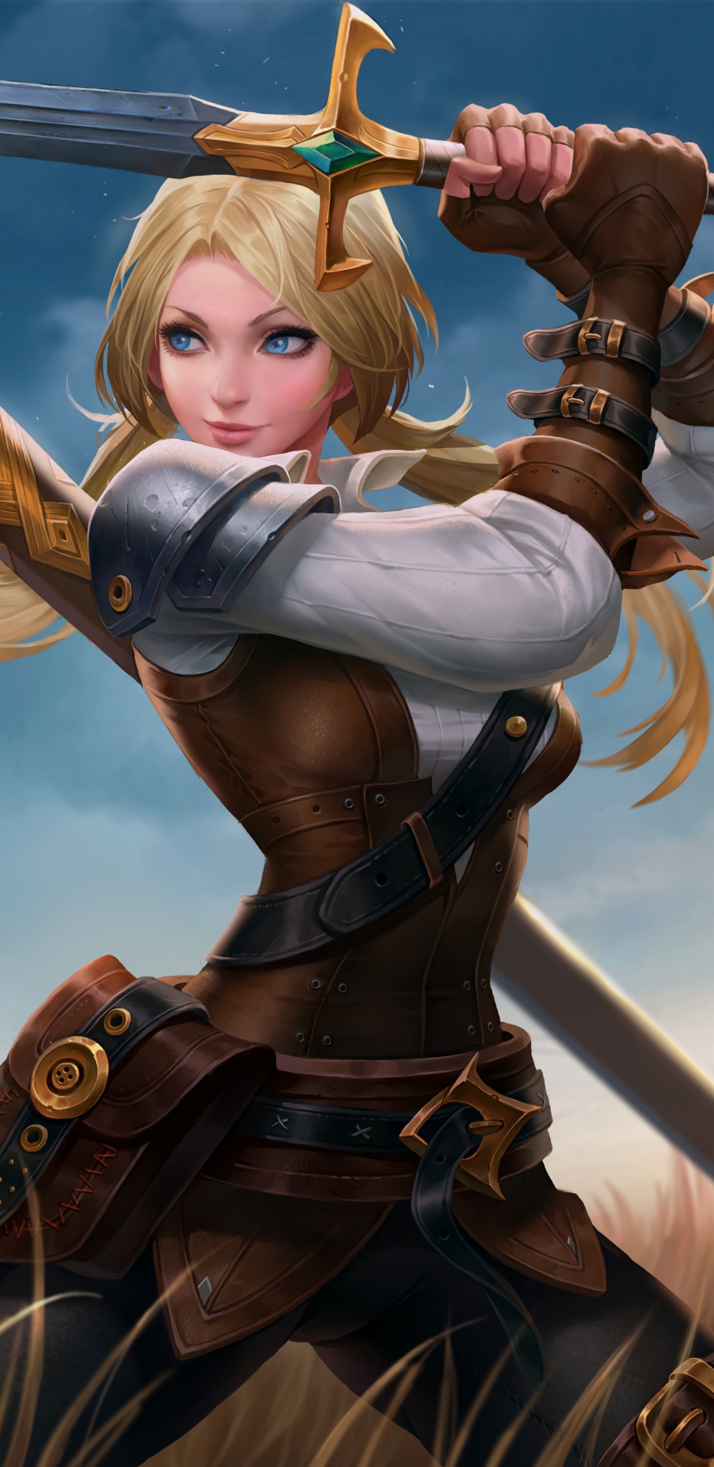 Woman in Black and Brown Dress Holding Sword. Wallpaper in 1440x2960 Resolution