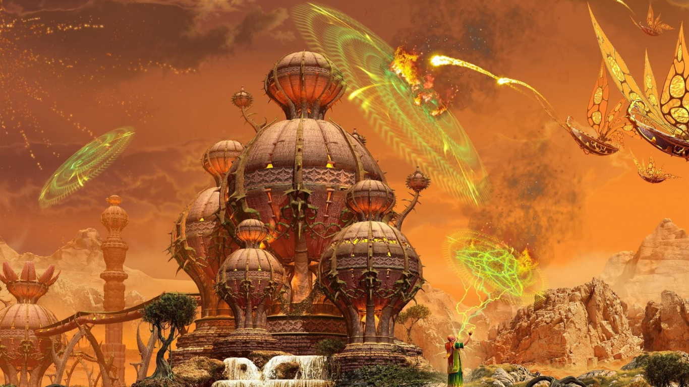 Blue and Brown Dome Building With Fountain in The Middle. Wallpaper in 1366x768 Resolution