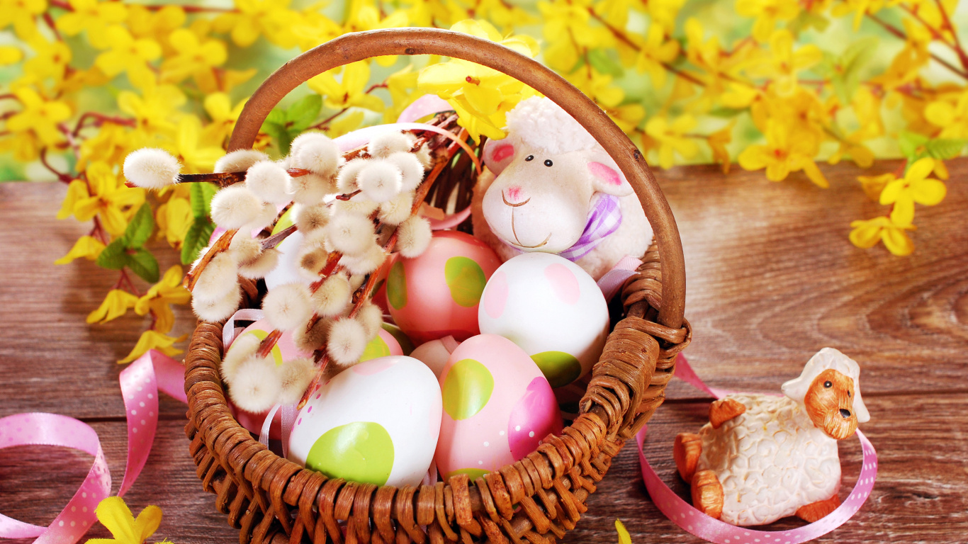 Lapin de Pâques, Oeuf de Pâques, Panier de Pâques, Panier, Aliment. Wallpaper in 1366x768 Resolution