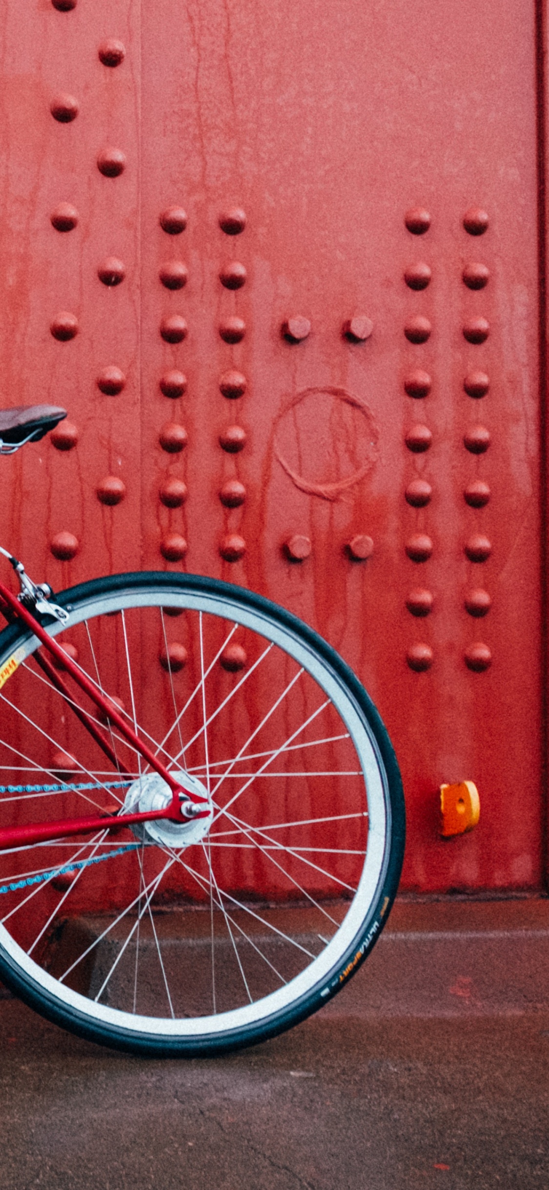 Blue and White Road Bike Leaning on Red Wall. Wallpaper in 1125x2436 Resolution