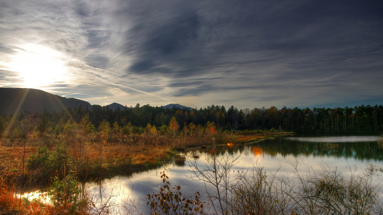 Green Trees Beside Lake Under Cloudy Sky During Daytime. Wallpaper in 1280x720 Resolution