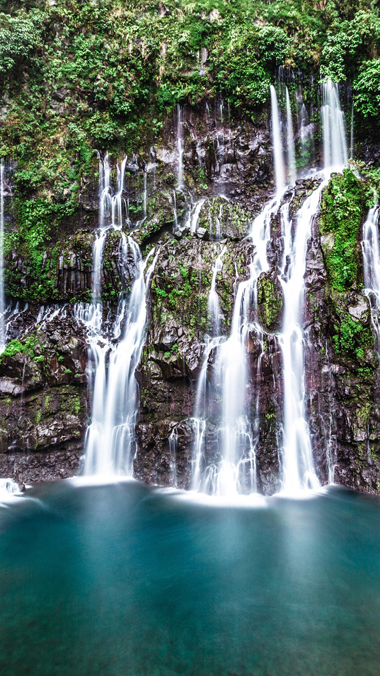 Water Falls in The Middle of Green Trees. Wallpaper in 750x1334 Resolution