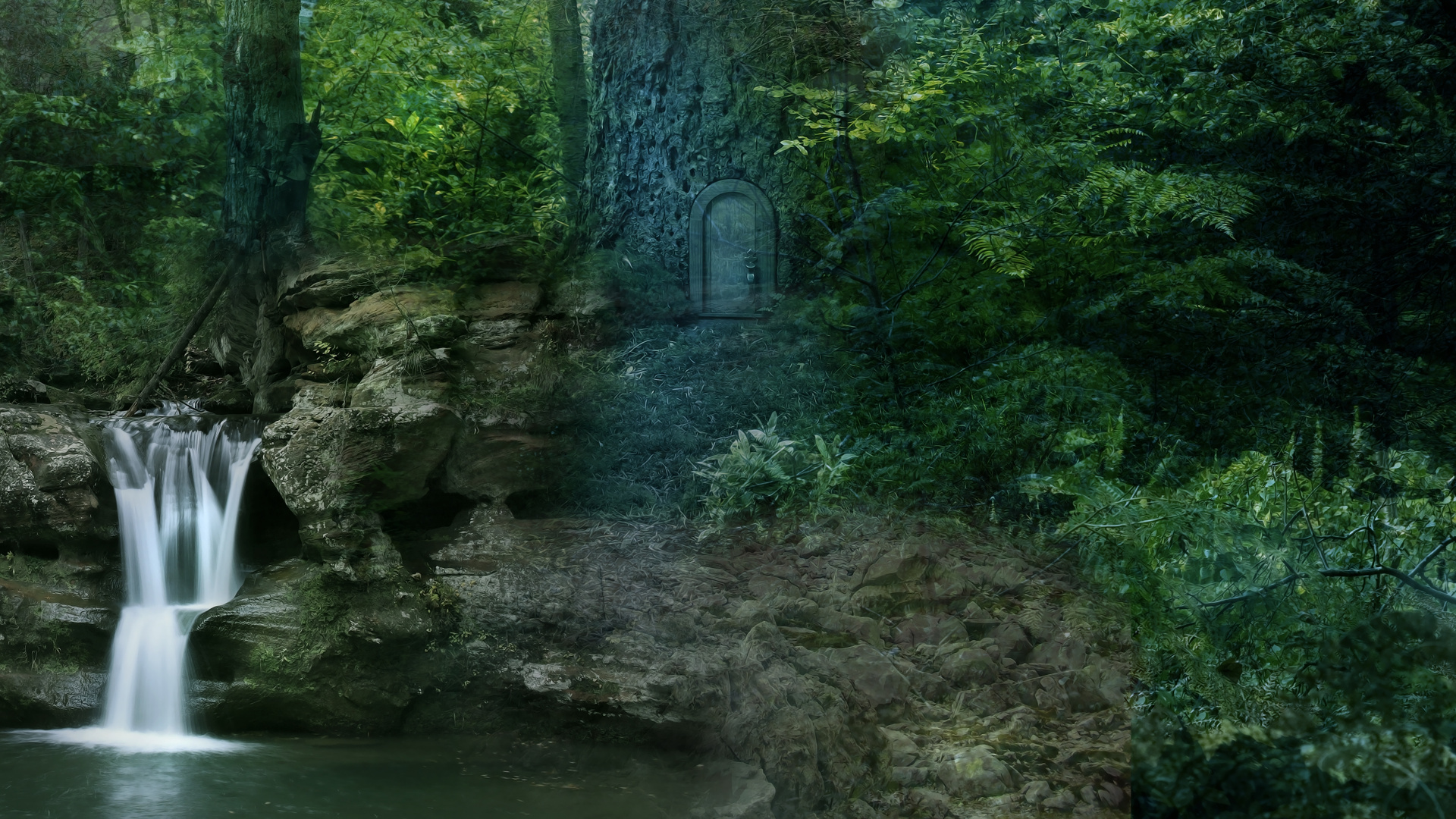 Green Moss on Brown Rock Formation Near Waterfalls During Daytime. Wallpaper in 1920x1080 Resolution