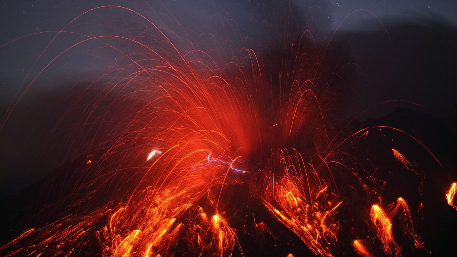 火山的地貌, 熔岩, 类型的火山爆发, 天空, 肮脏的雨 壁纸 1920x1080 允许