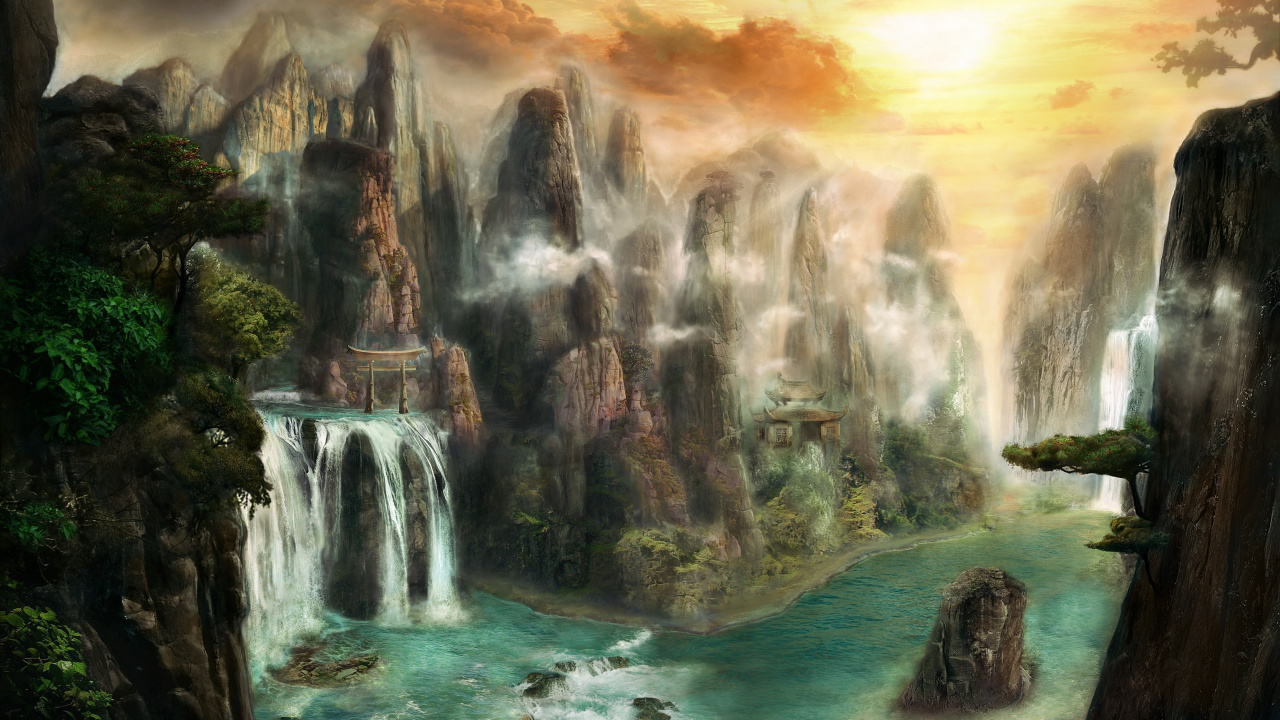 Waterfalls Near Green Trees Under Cloudy Sky During Daytime. Wallpaper in 1280x720 Resolution