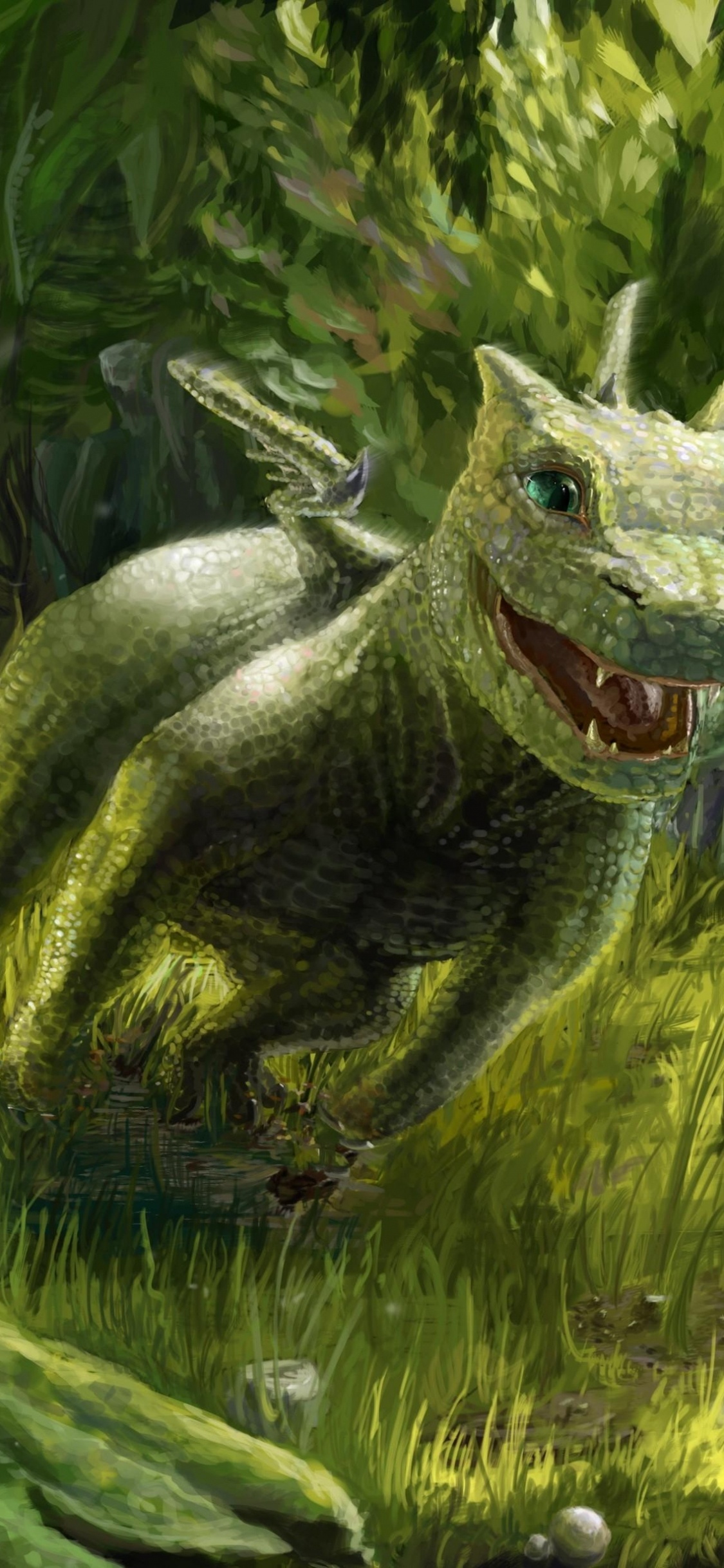 Green and Gray Dragon on Green Grass Painting. Wallpaper in 1125x2436 Resolution