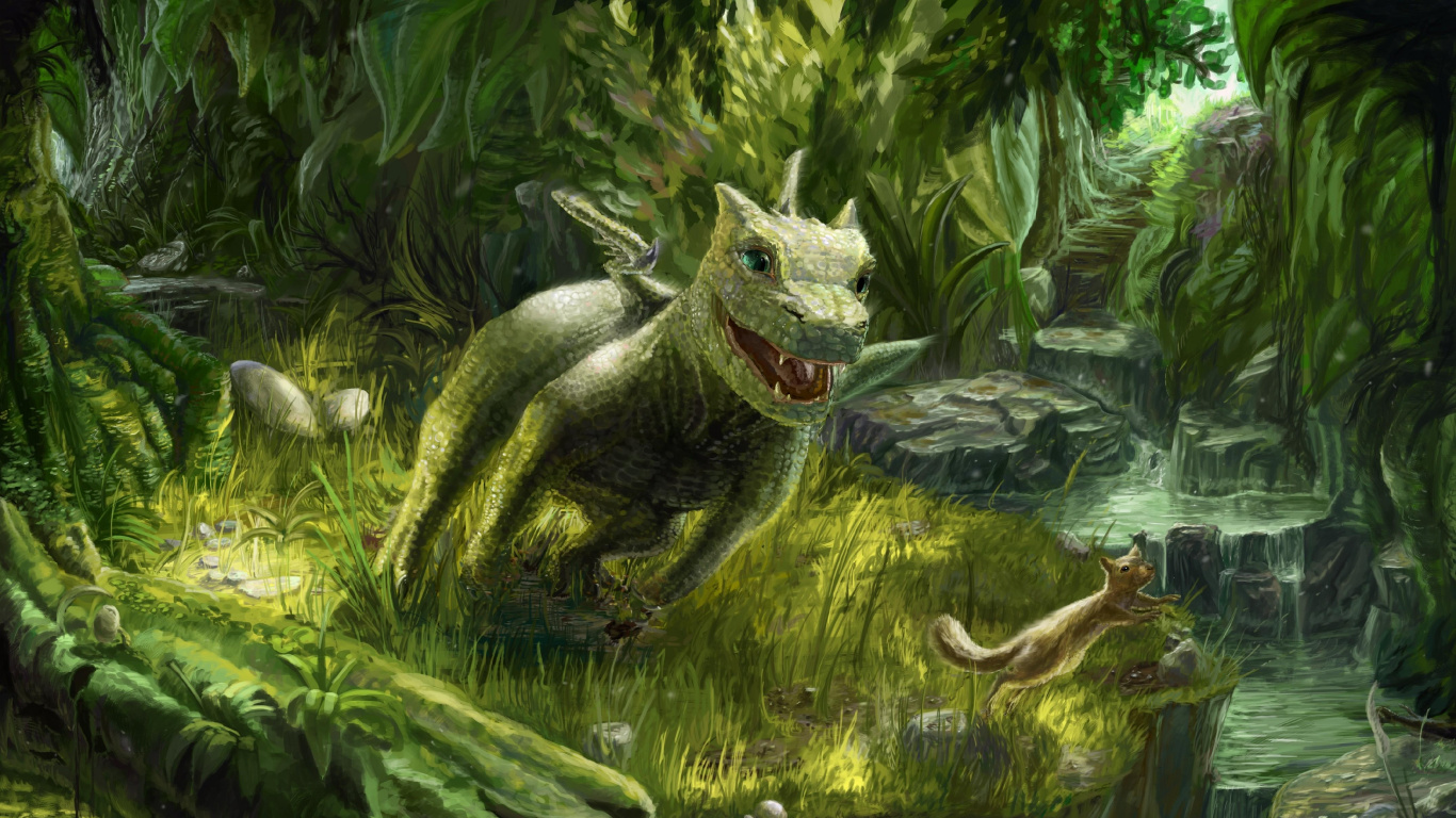Green and Gray Dragon on Green Grass Painting. Wallpaper in 1366x768 Resolution
