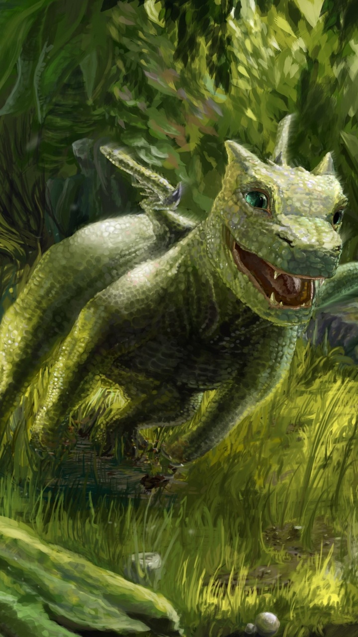 Green and Gray Dragon on Green Grass Painting. Wallpaper in 720x1280 Resolution