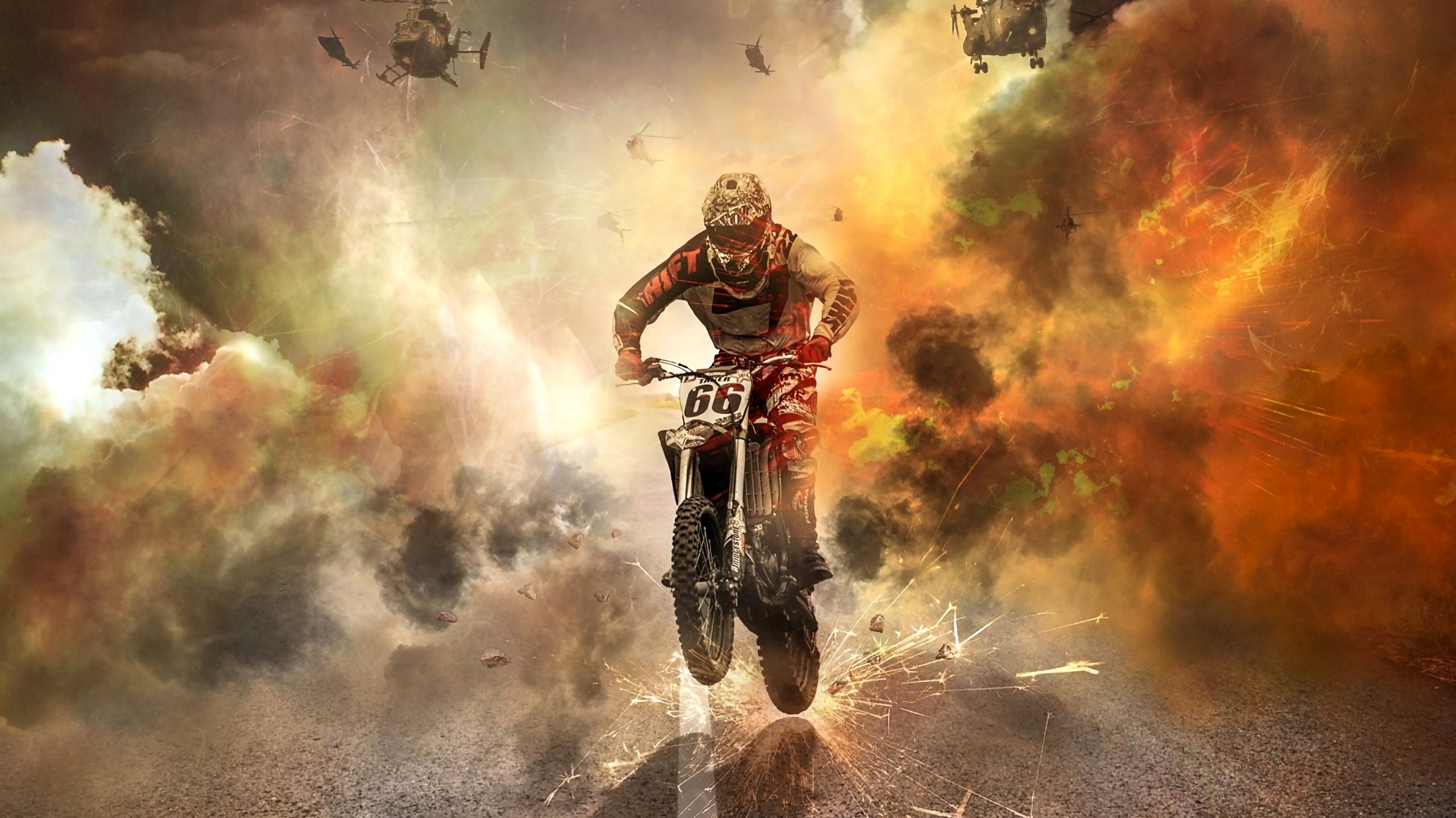 Man in Red and Black Jacket and Black Pants Riding on Bicycle. Wallpaper in 2560x1440 Resolution