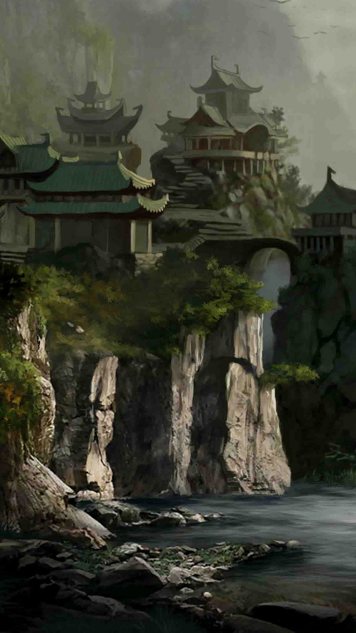 Braunes Und Graues Betongebäude in Der Nähe Von Wasserfällen. Wallpaper in 720x1280 Resolution