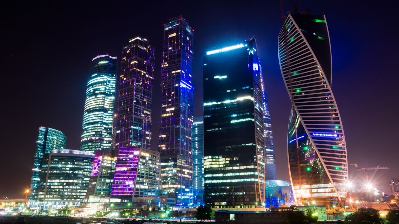 City Buildings With Lights During Night Time. Wallpaper in 1280x720 Resolution