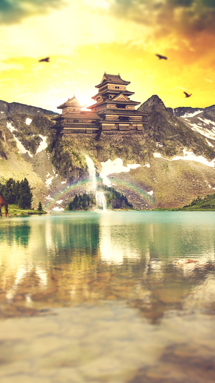 Maison Brune et Blanche Près du Lac et de la Montagne Couverte de Neige. Wallpaper in 720x1280 Resolution