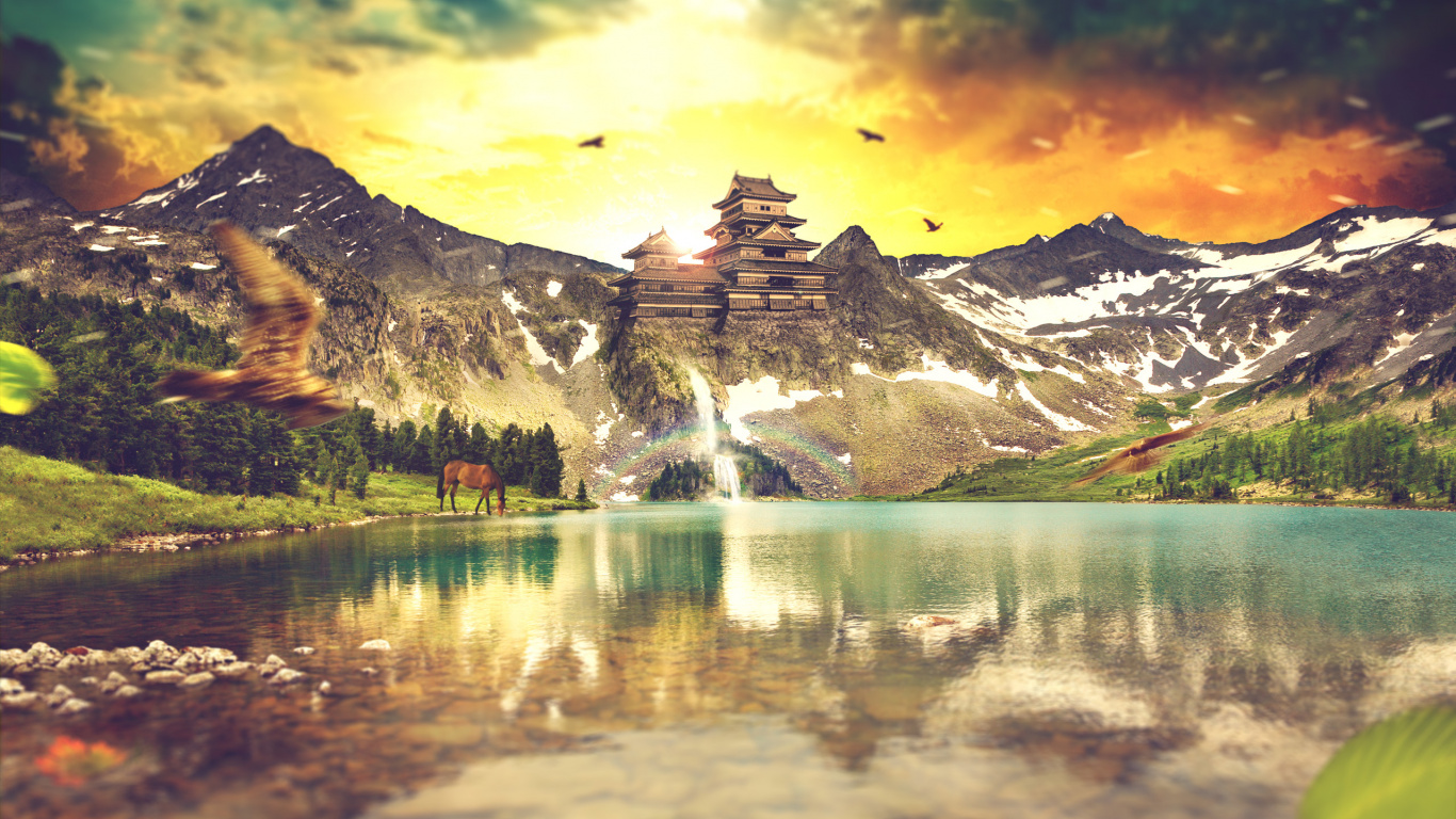 Brown and White House Near Lake and Snow Covered Mountain. Wallpaper in 1366x768 Resolution