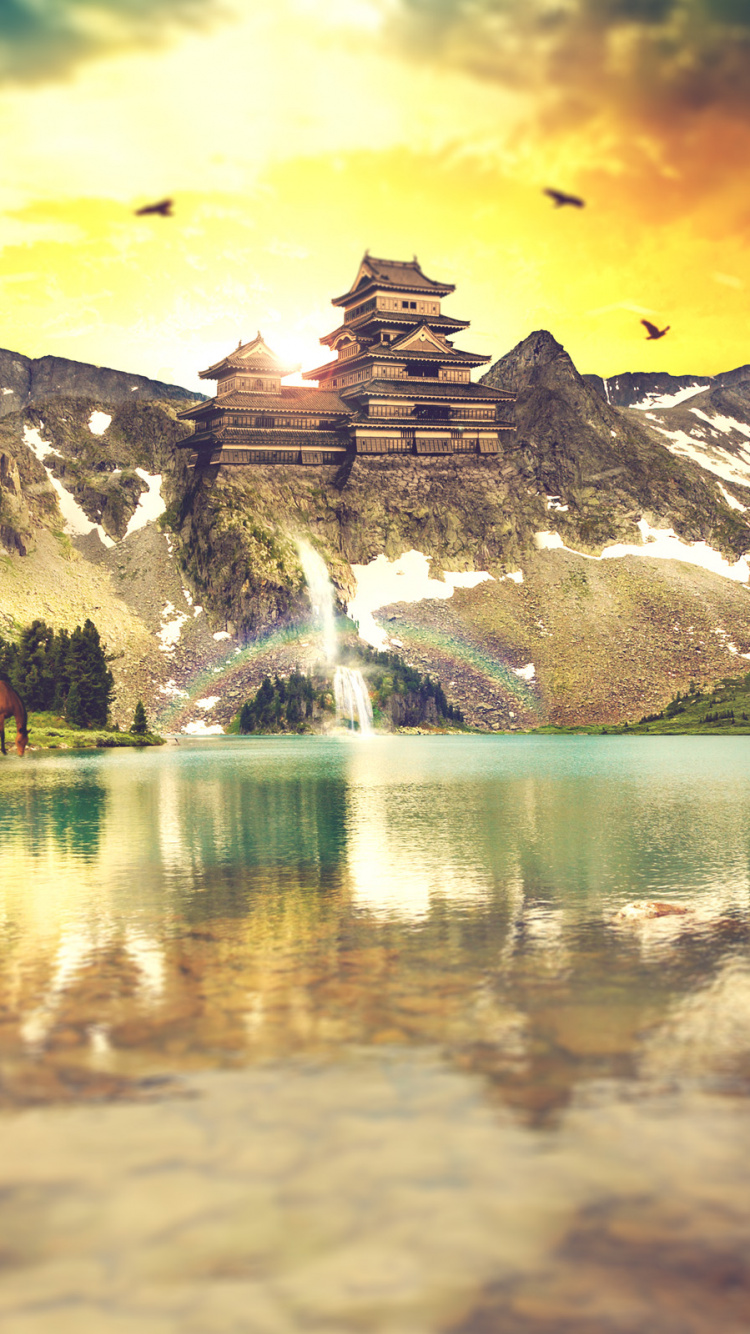 Brown and White House Near Lake and Snow Covered Mountain. Wallpaper in 750x1334 Resolution