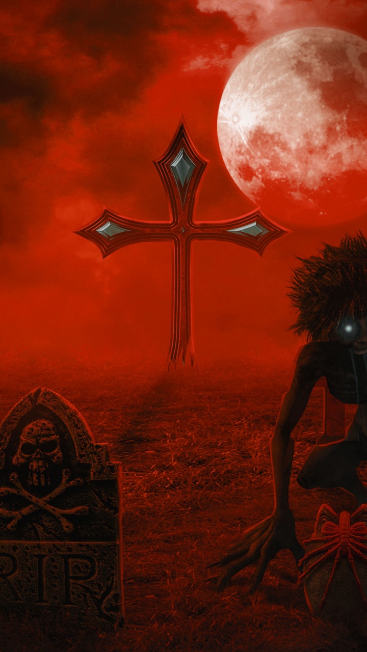 Ilustración, Lápida Mortuoria, Cementerio, Ambiente, Luna. Wallpaper in 720x1280 Resolution