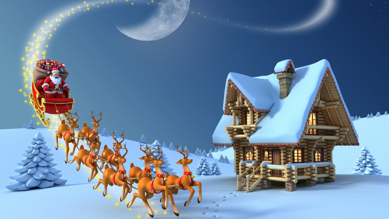 Reindeer, Santa Claus, Christmas Day, Snow, Sled. Wallpaper in 1280x720 Resolution