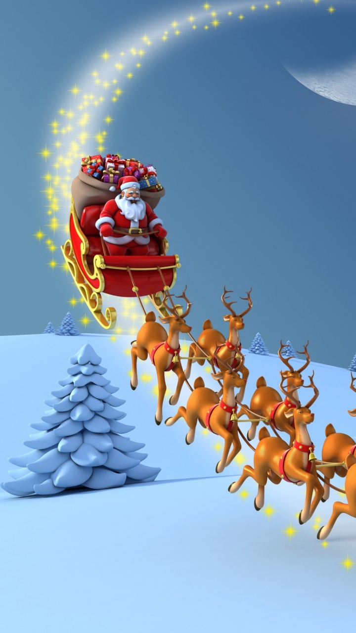 Reindeer, Santa Claus, Christmas Day, Snow, Sled. Wallpaper in 720x1280 Resolution