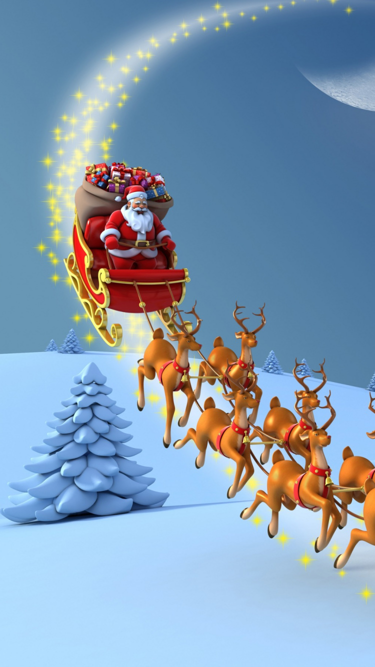 Reindeer, Santa Claus, Christmas Day, Snow, Sled. Wallpaper in 750x1334 Resolution