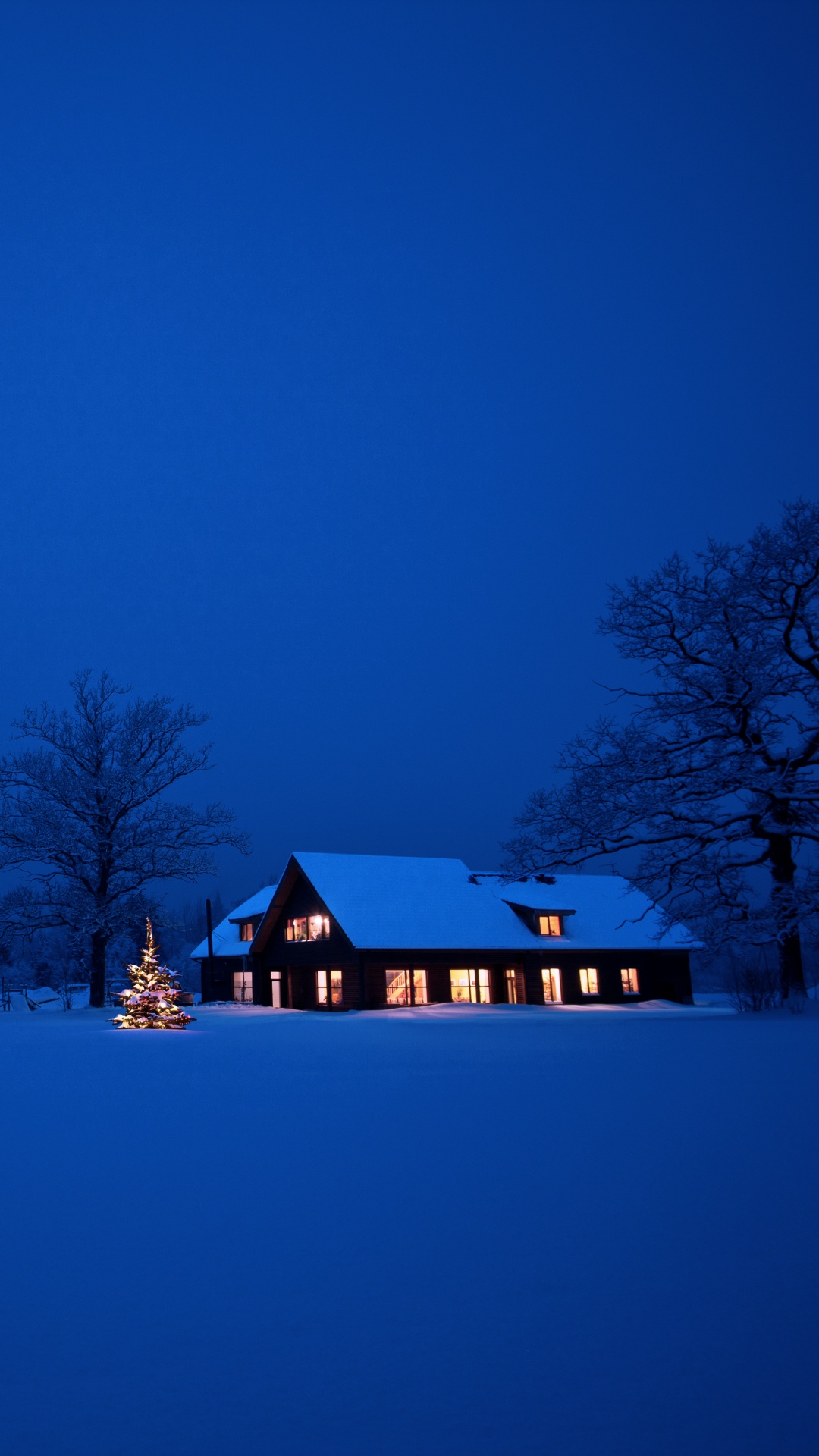 Braunes Holzhaus Auf Schneebedecktem Boden Während Der Nacht. Wallpaper in 1080x1920 Resolution