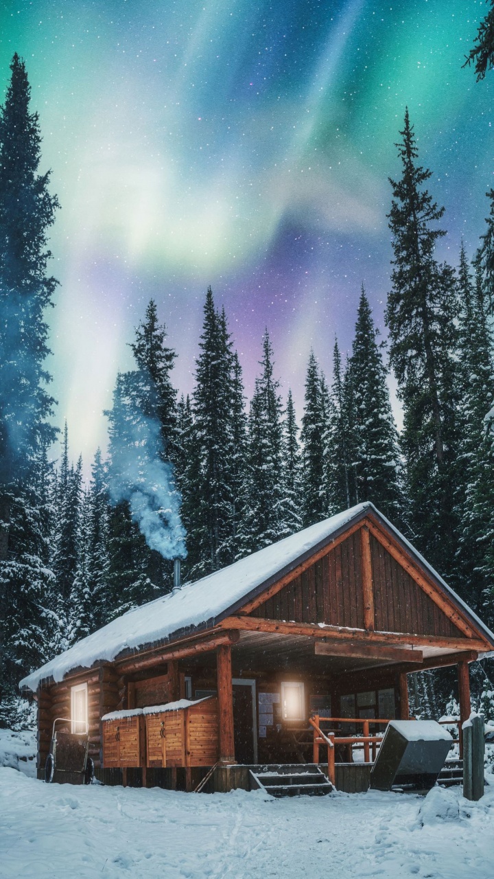 Pallas-yllstunturi National Park, Aurora, Nature, Yellowknife, House. Wallpaper in 720x1280 Resolution