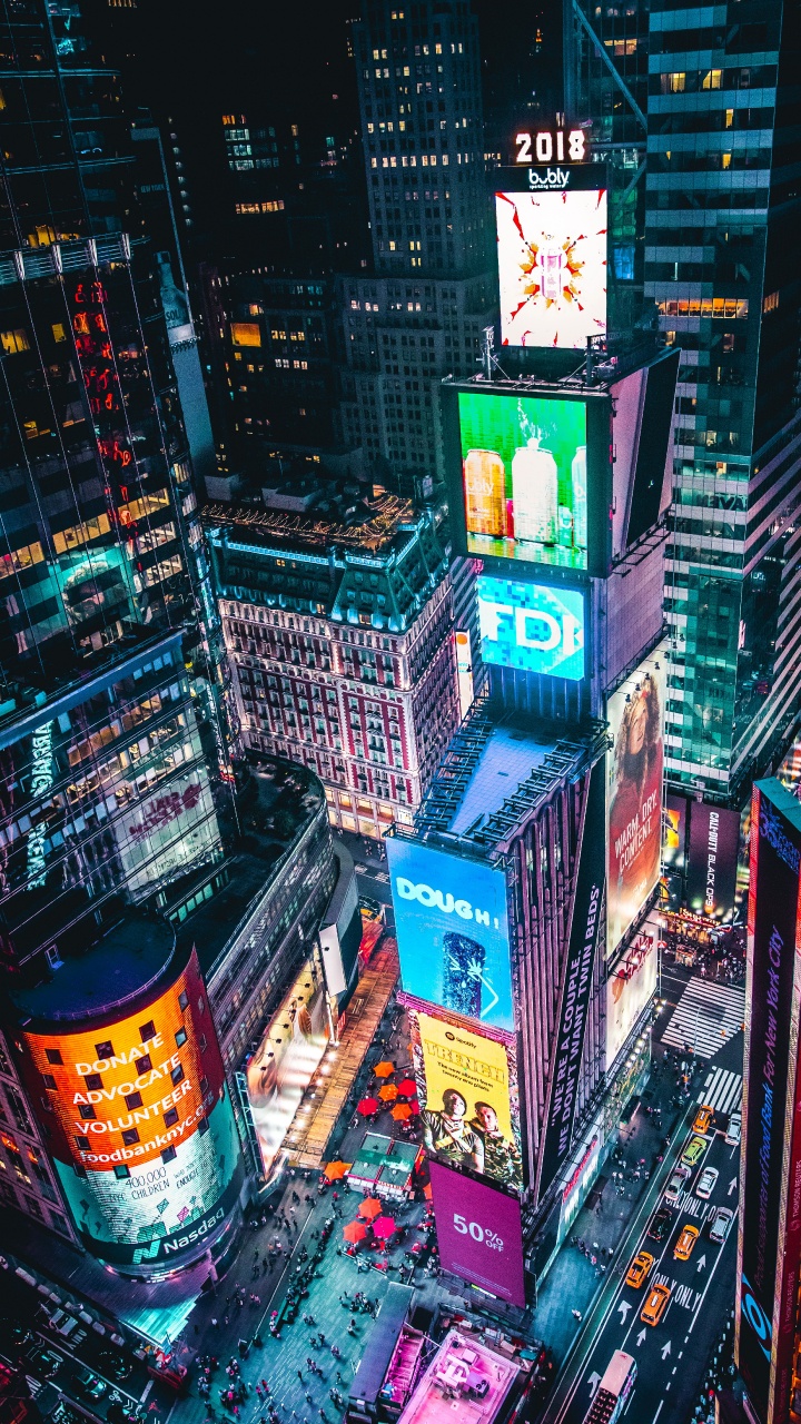 Times Square, Nacht, Gebäude, Wolkenkratzer, Stadtlandschaften. Wallpaper in 720x1280 Resolution