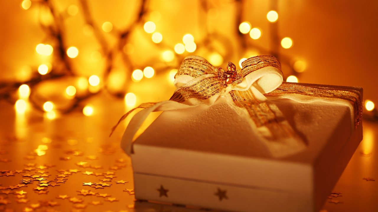 Cadeau, Ornement de Noël, Cadeau de Noël, Jaune, Éclairage. Wallpaper in 1280x720 Resolution