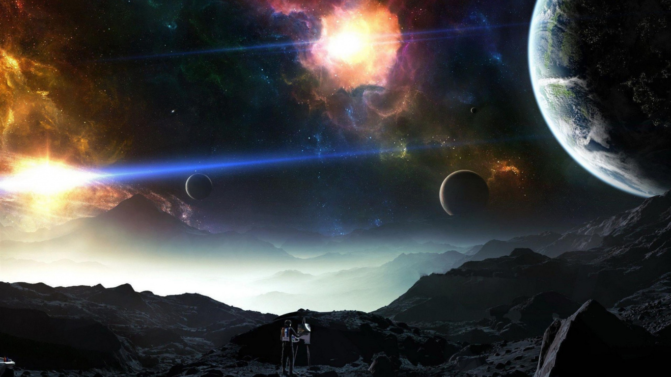 Silhouette of Mountains Under Starry Night. Wallpaper in 1366x768 Resolution