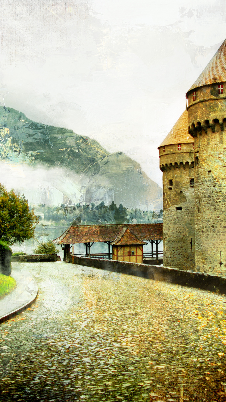 Château en Béton Brun Près de la Rivière. Wallpaper in 750x1334 Resolution