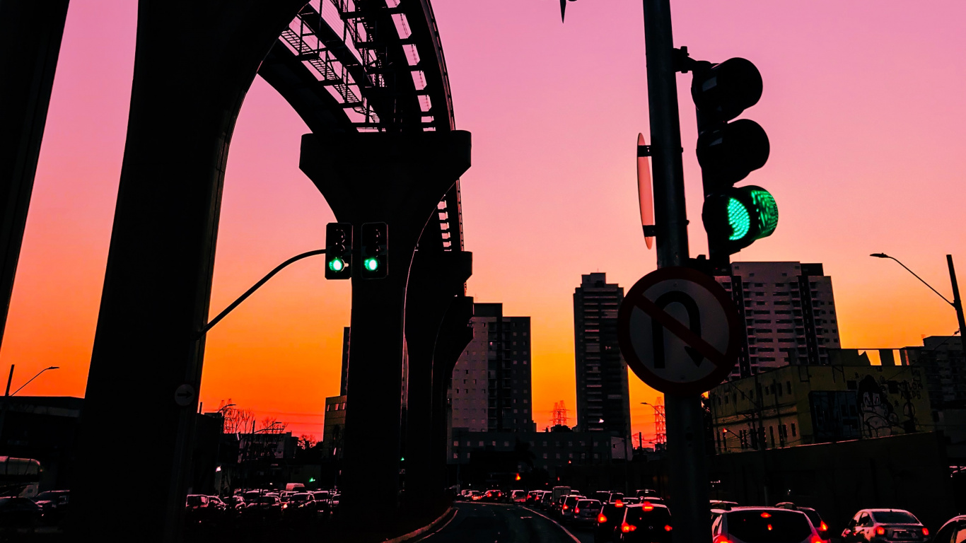 Silhouette of Bridge During Sunset. Wallpaper in 1366x768 Resolution