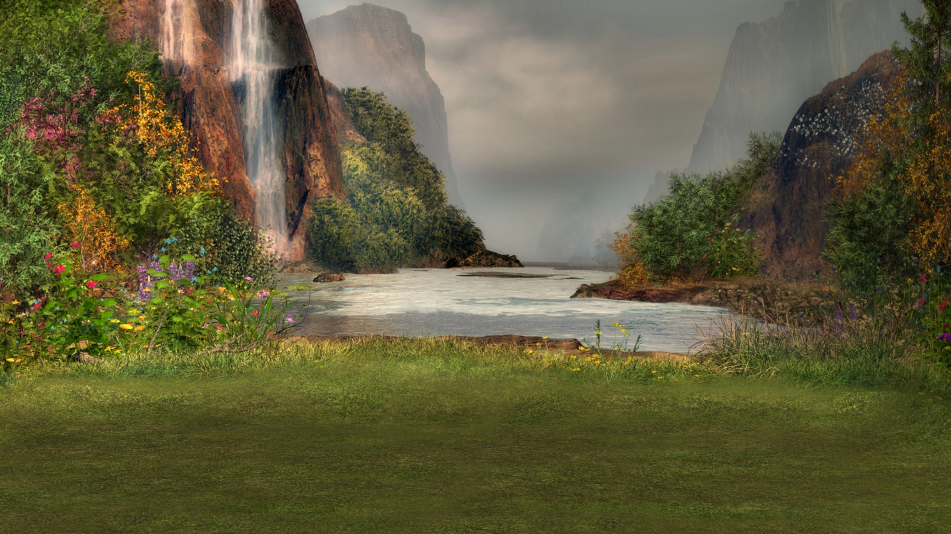 Green Grass Field Near Body of Water. Wallpaper in 1366x768 Resolution