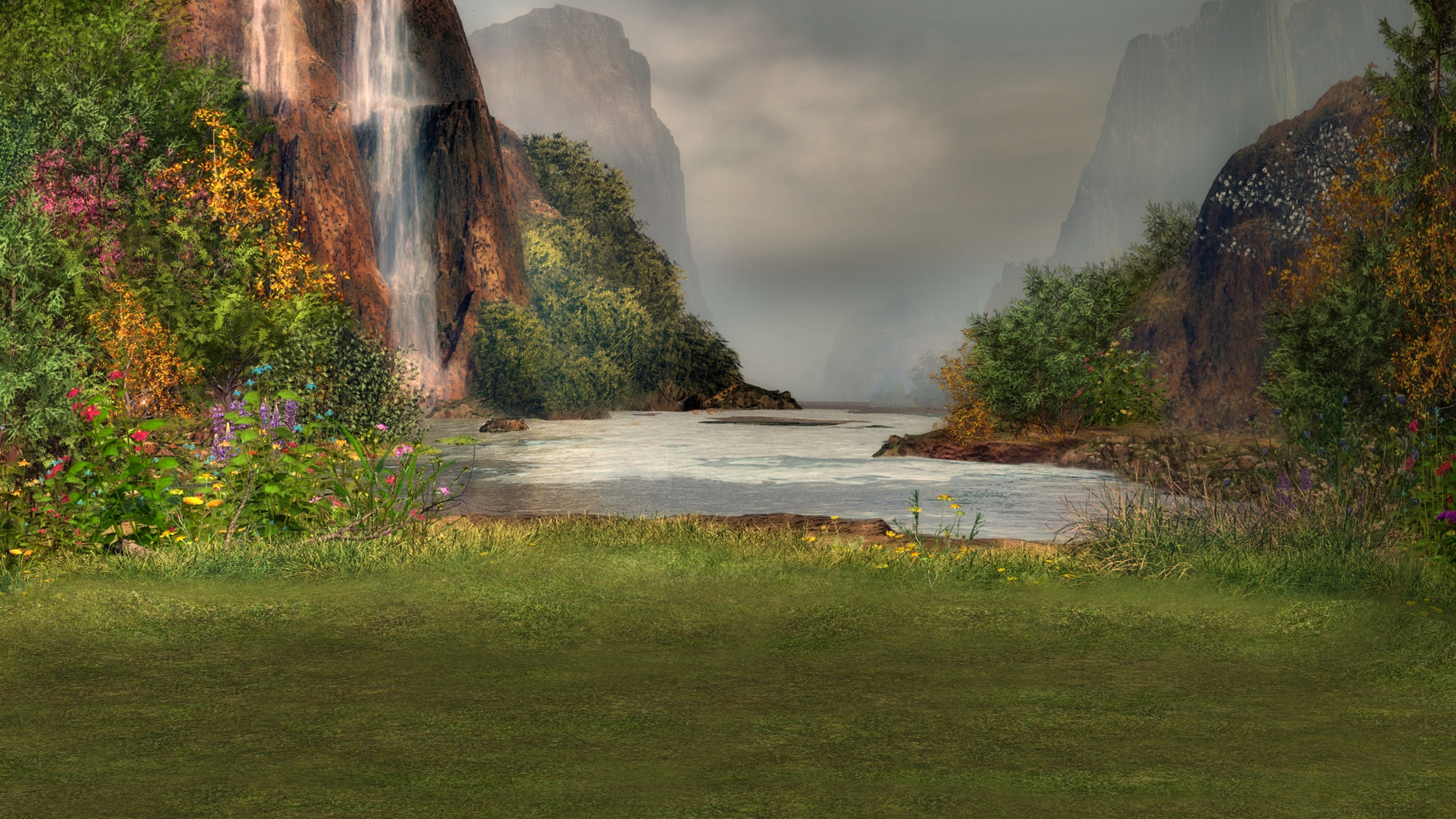 Green Grass Field Near Body of Water. Wallpaper in 2560x1440 Resolution
