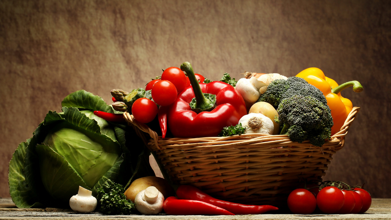 Red Tomatoes and Green Vegetable on Brown Woven Basket. Wallpaper in 1366x768 Resolution