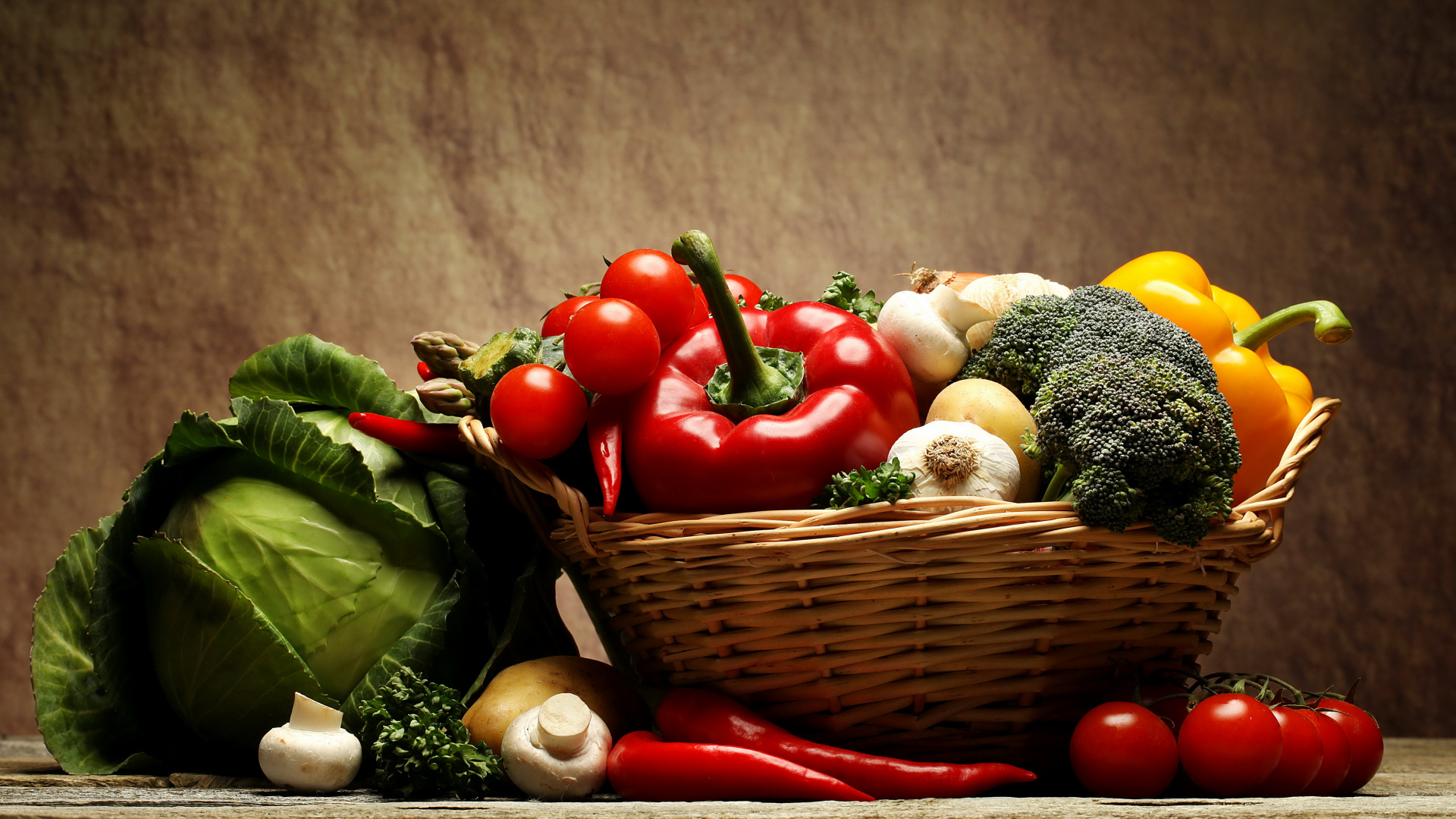 Red Tomatoes and Green Vegetable on Brown Woven Basket. Wallpaper in 1920x1080 Resolution