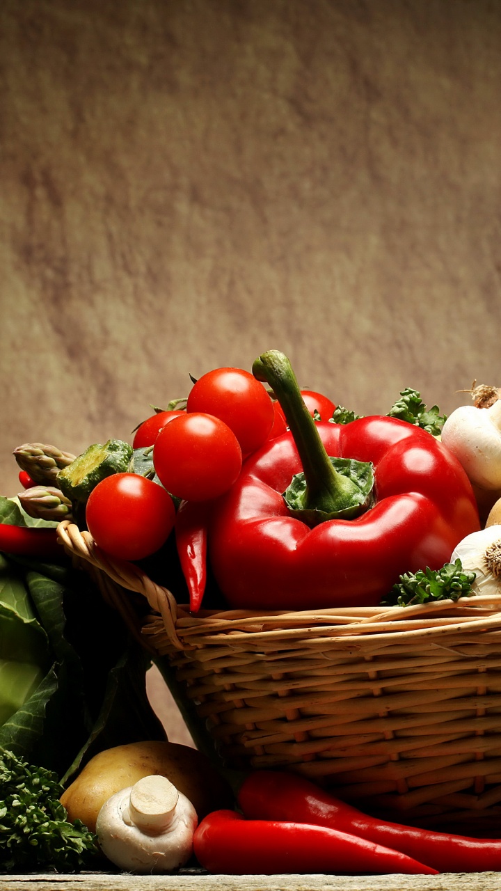 Red Tomatoes and Green Vegetable on Brown Woven Basket. Wallpaper in 720x1280 Resolution