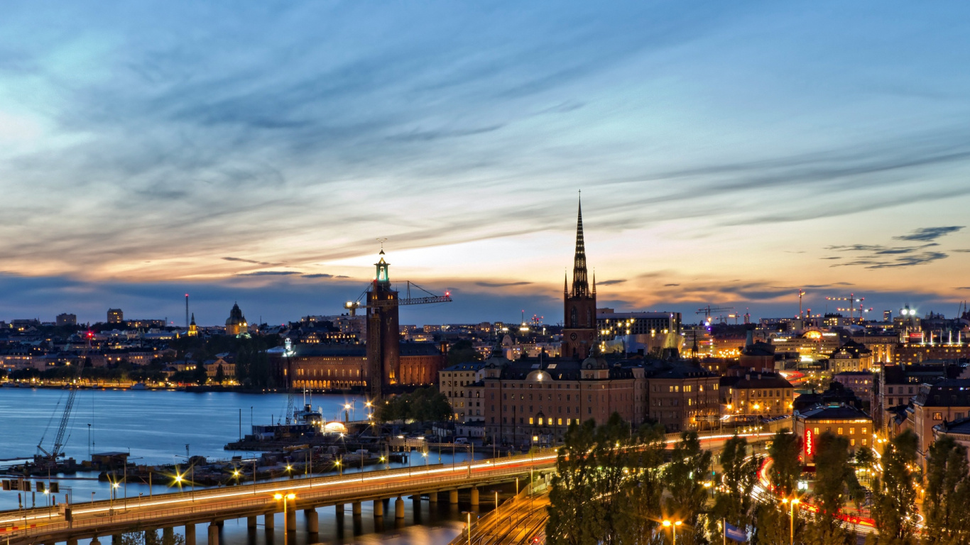 Skyline Der Stadt Bei Nacht Night. Wallpaper in 1366x768 Resolution