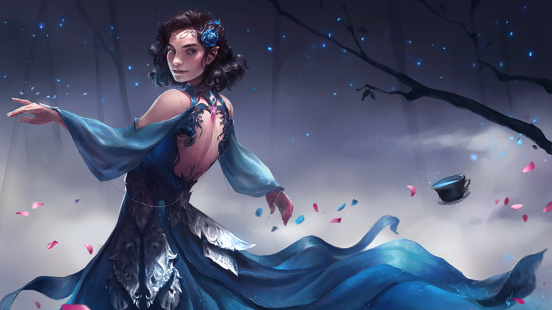 Femme en Robe Noire Aux Ailes Bleues. Wallpaper in 1920x1080 Resolution