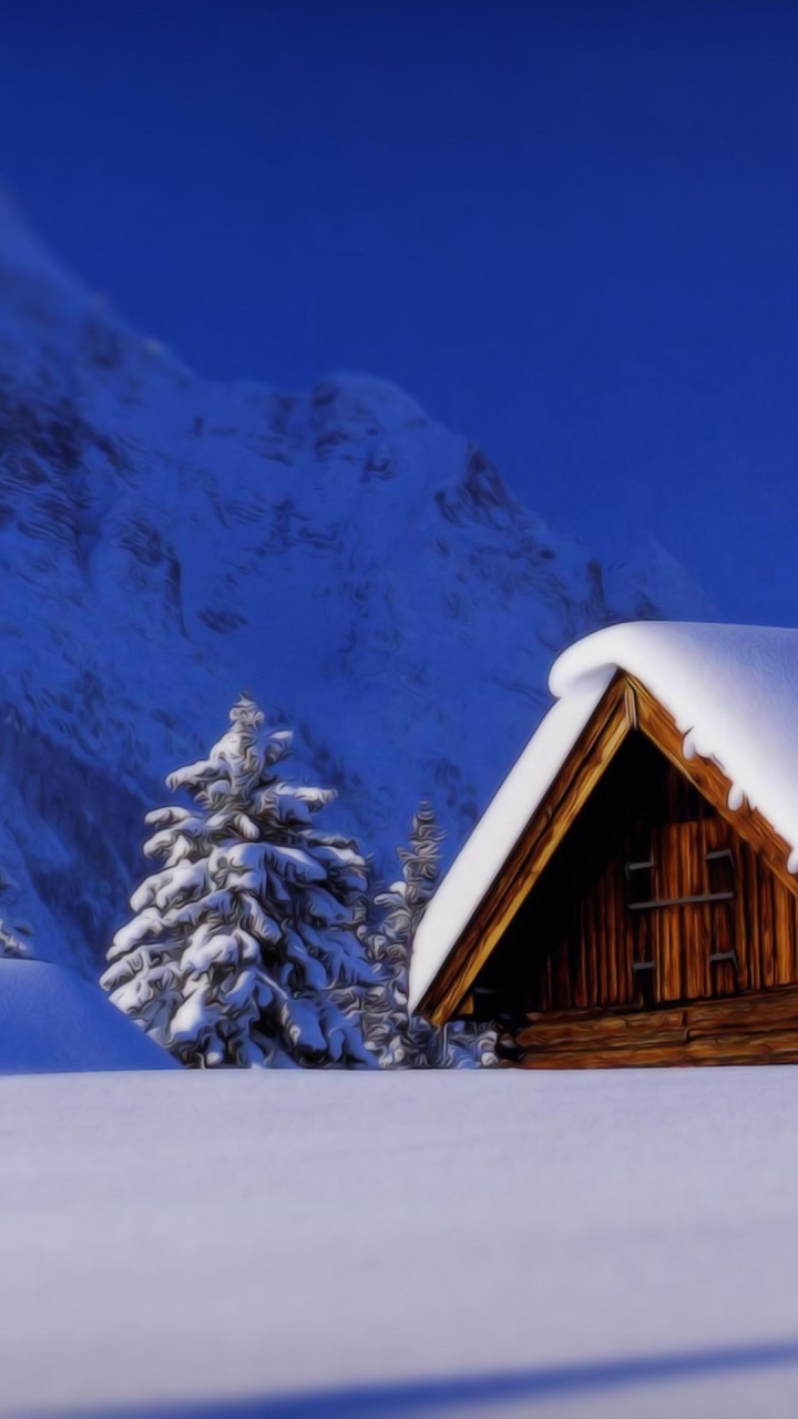 Casa de Madera Marrón Sobre un Terreno Cubierto de Nieve Cerca de la Montaña Cubierta de Nieve Durante el Día. Wallpaper in 720x1280 Resolution