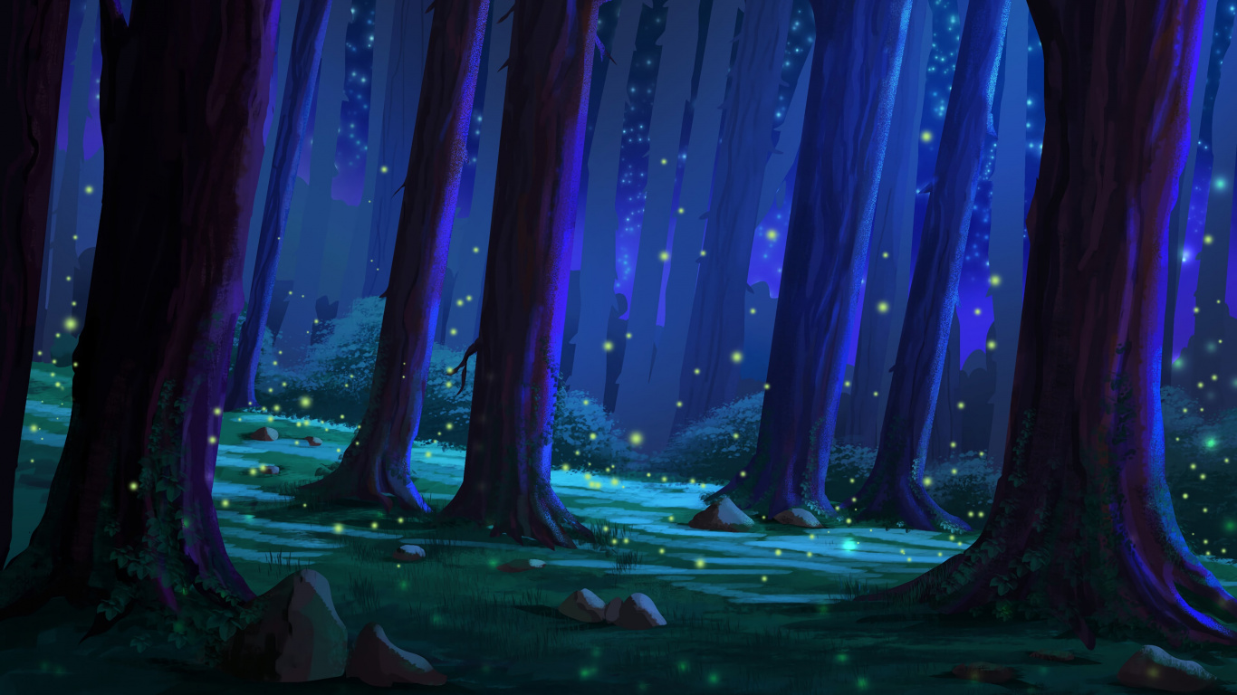 Luces Moradas y Verdes en el Bosque. Wallpaper in 1366x768 Resolution