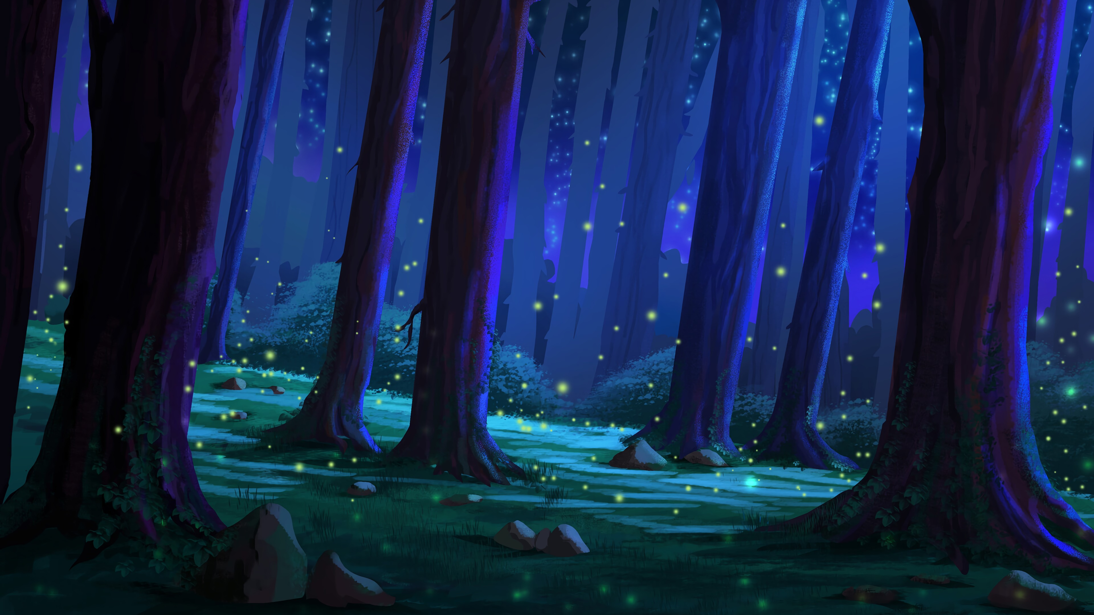 Luces Moradas y Verdes en el Bosque. Wallpaper in 3840x2160 Resolution